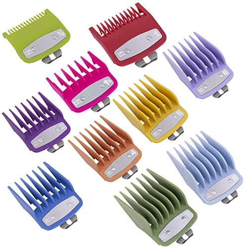Professional 10 Color Coded Comb Attachment,Metal Hair Clipper Guards Cutting Guides/Combs,from 1/16inch to 1inch,Compatible with Wahl Clippers Combs