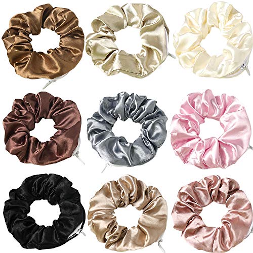 Women Premium Silk Scrunchie with zipper pouch hair ties Ropes secret zipper Hidden pocket scrunchies Tie Soft Stash Hair Elastic Ties for Vsco Girl Stuff Scrunchies (9 Pcs Silk Satin)