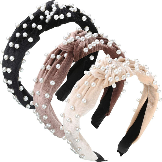WILLBOND 3 Pieces Pearls Headband Knotted Headband for Women Velvet Pearls Headband for Girl Woman Hair Accessories (Beige, Pale Mauve, Black)