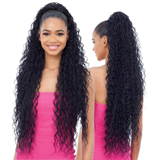 Long Curly Drawstring Ponytail 30”Synthetic Clip In Ponytail Extensions Black Color for Women Afro Curly Corn Wave Wavey Clip on Ponytail(1B)