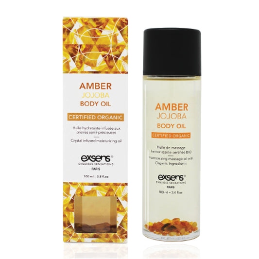 Exsens Amber Jojoba Crystal Infused Massage & Body Oil, Certified Organic, Natural Fragrance, Moisturizer for Skin & Hair, 100ml (3.8 fl.oz), 1 count